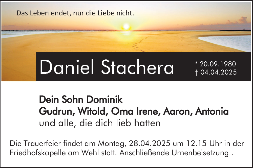  Traueranzeige für Daniel Stachera vom 19.04.2025 aus Deister- und Weserzeitung
