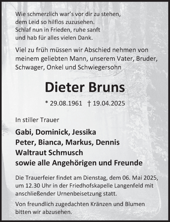 Traueranzeige von Dieter Bruns von Deister- und Weserzeitung