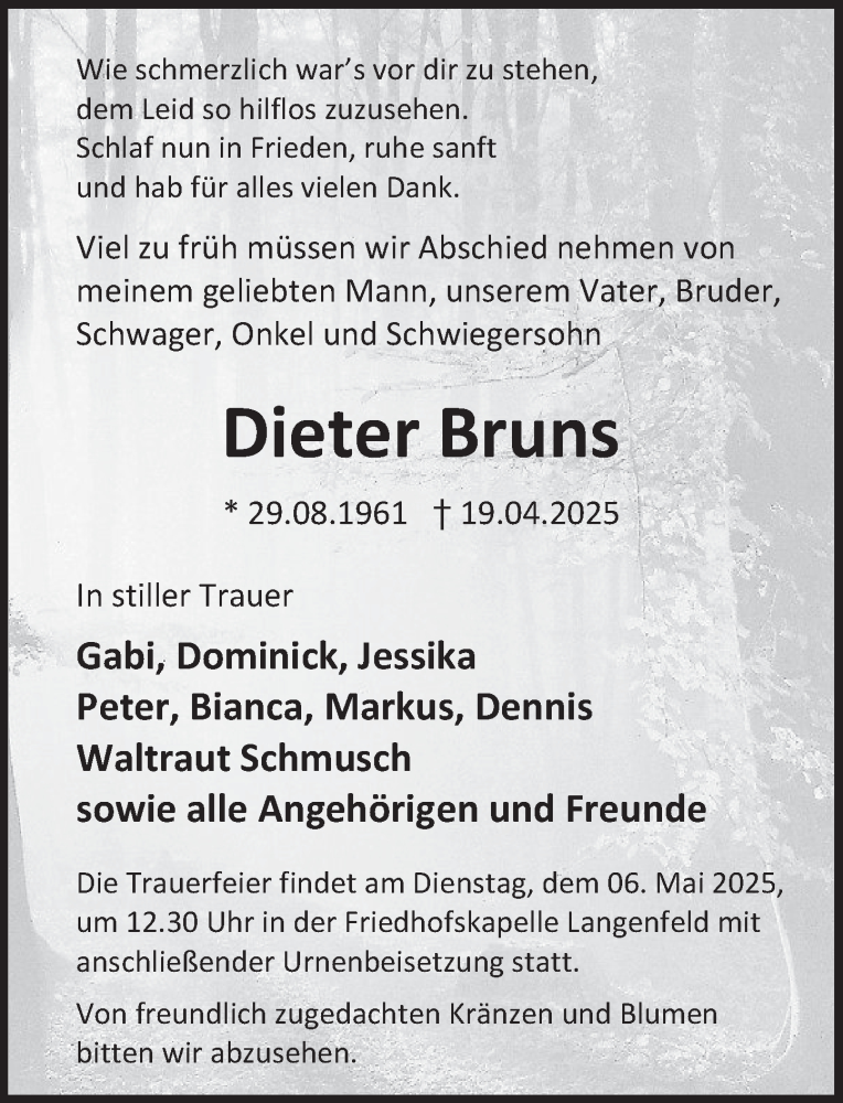  Traueranzeige für Dieter Bruns vom 03.05.2025 aus Deister- und Weserzeitung