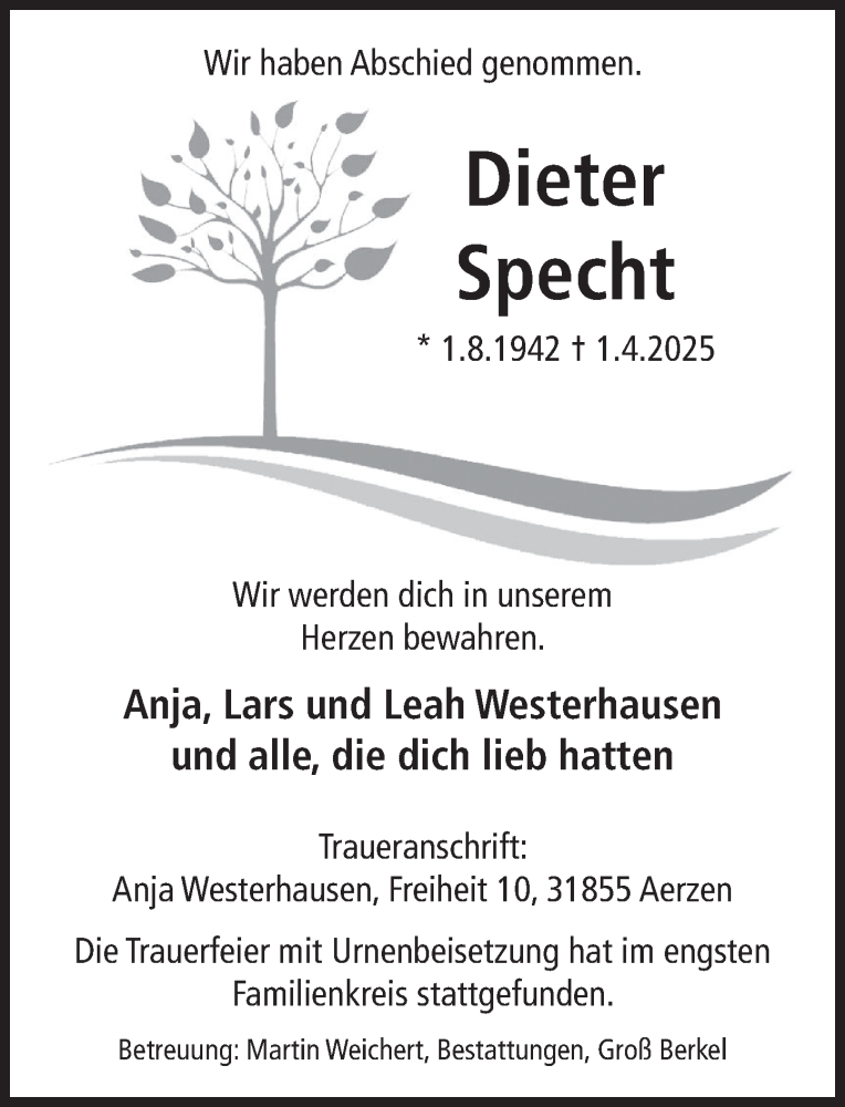  Traueranzeige für Dieter Specht vom 30.04.2025 aus Deister- und Weserzeitung