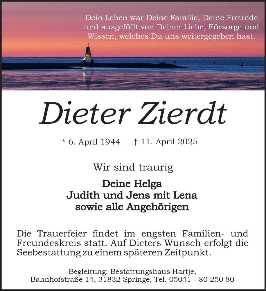  Traueranzeige für Dieter Zierdt vom 19.04.2025 aus Neue Deister-Zeitung