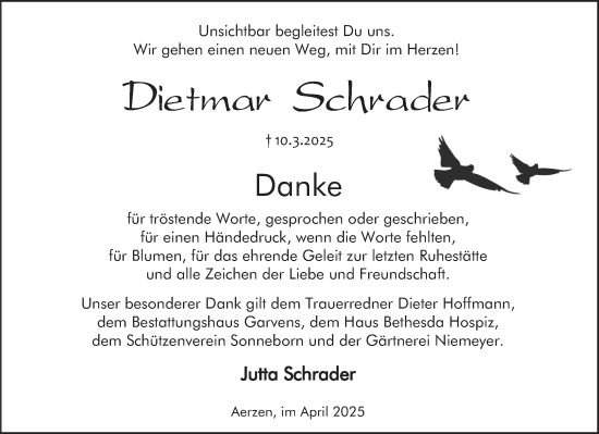 Traueranzeige von Dietmar Schrader von Deister- und Weserzeitung