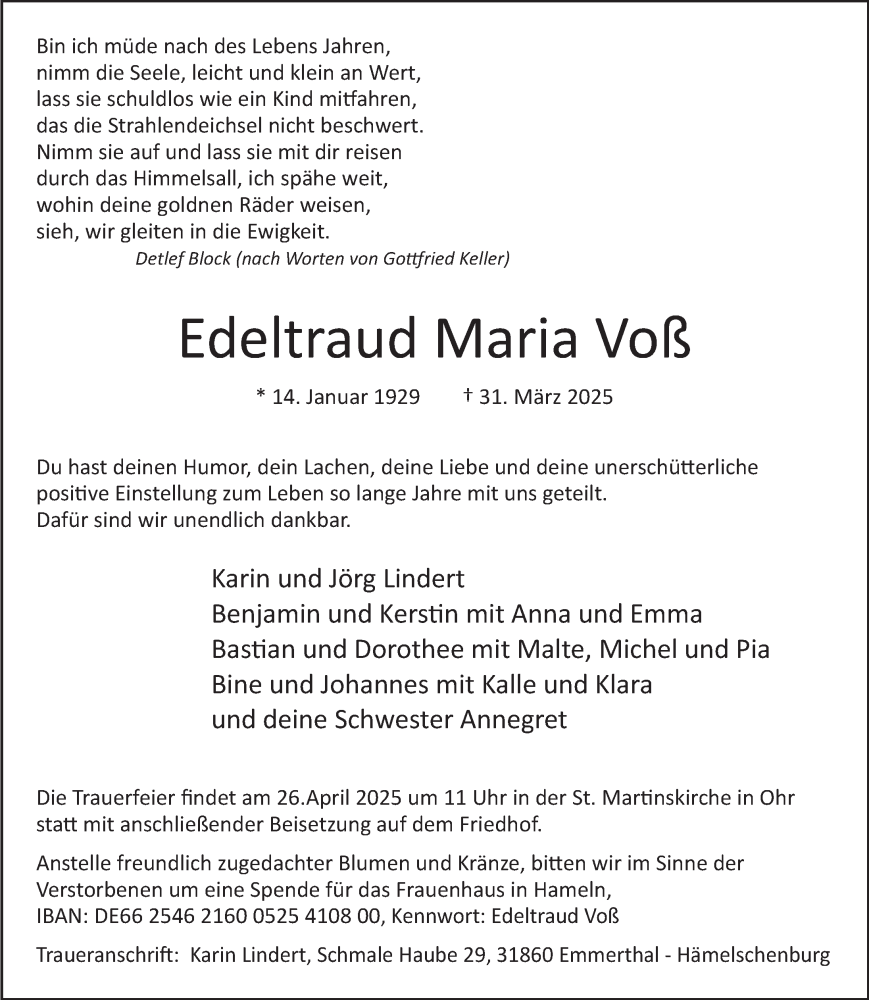  Traueranzeige für Edeltraud Maria Voß vom 12.04.2025 aus Deister- und Weserzeitung