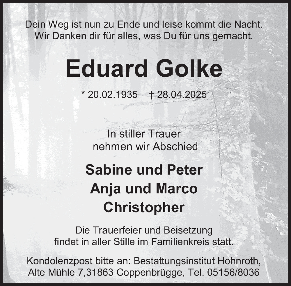  Traueranzeige für Eduard Golke vom 03.05.2025 aus Deister- und Weserzeitung