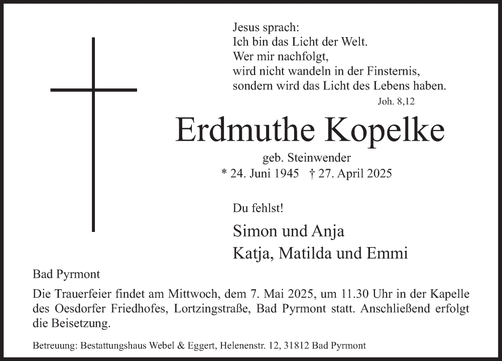 Traueranzeige für Erdmuthe Kopelke vom 03.05.2025 aus Deister- und Weserzeitung
