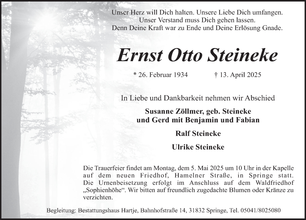 Traueranzeige für Ernst Otto Steineke vom 19.04.2025 aus Neue Deister-Zeitung