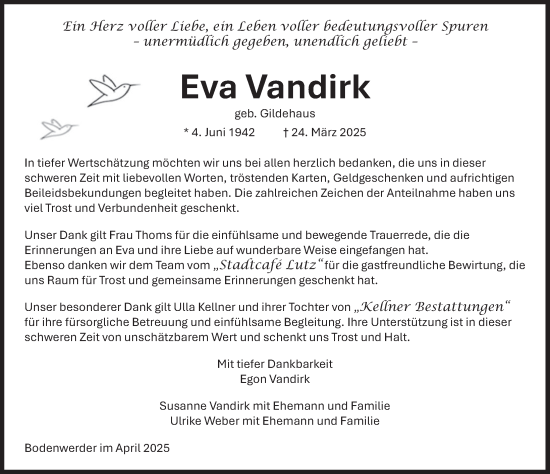 Traueranzeige von Eva Vandirk von Deister- und Weserzeitung