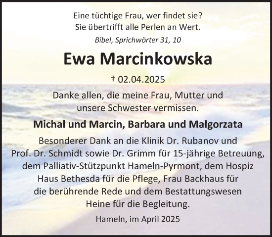 Traueranzeige von Ewa Marcinkowska von Deister- und Weserzeitung