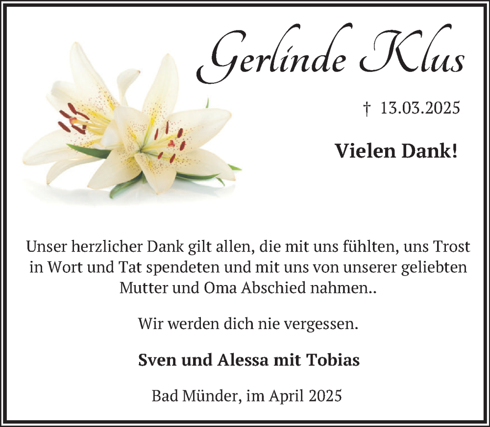  Traueranzeige für Gerlinde Klus vom 19.04.2025 aus Neue Deister-Zeitung
