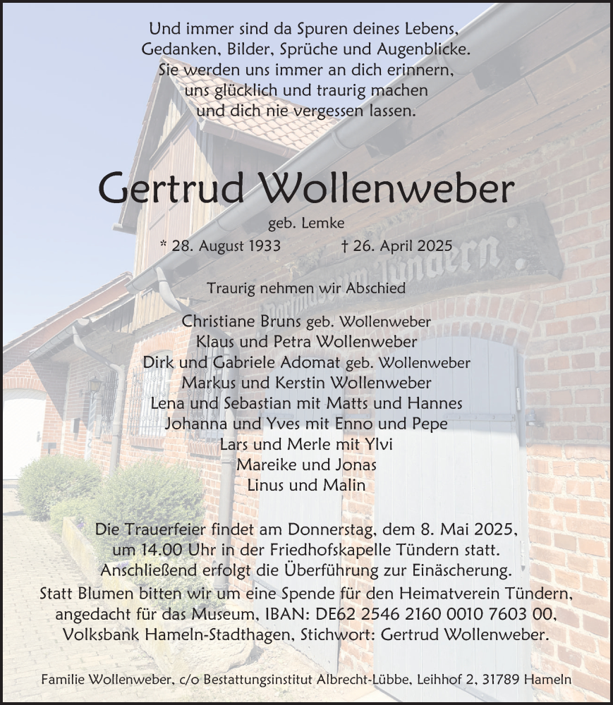  Traueranzeige für Gertrud Wollenweber vom 03.05.2025 aus Deister- und Weserzeitung