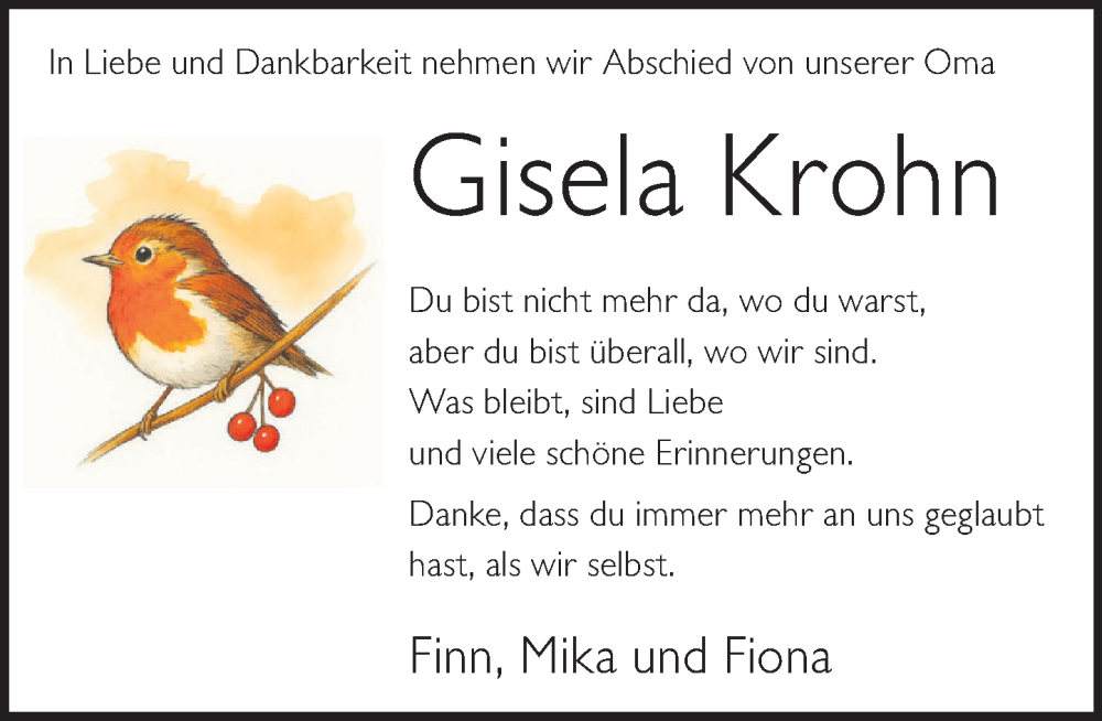  Traueranzeige für Gisela Krohn vom 03.05.2025 aus Neue Deister-Zeitung