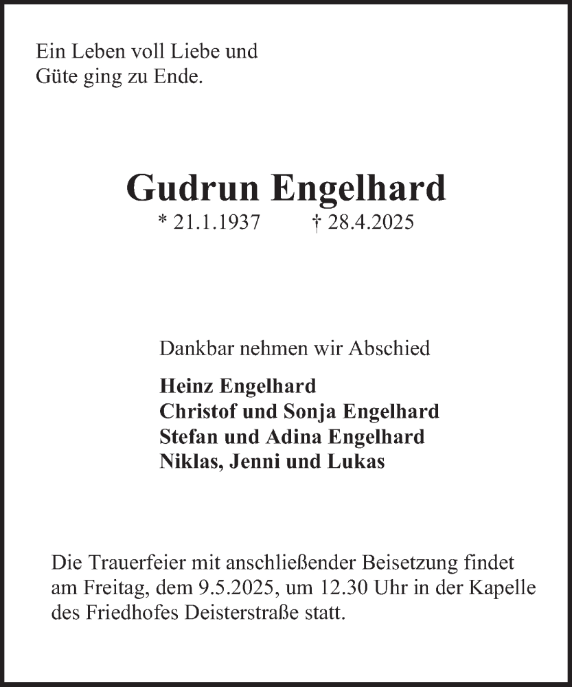  Traueranzeige für Gudrun Engelhard vom 03.05.2025 aus Deister- und Weserzeitung