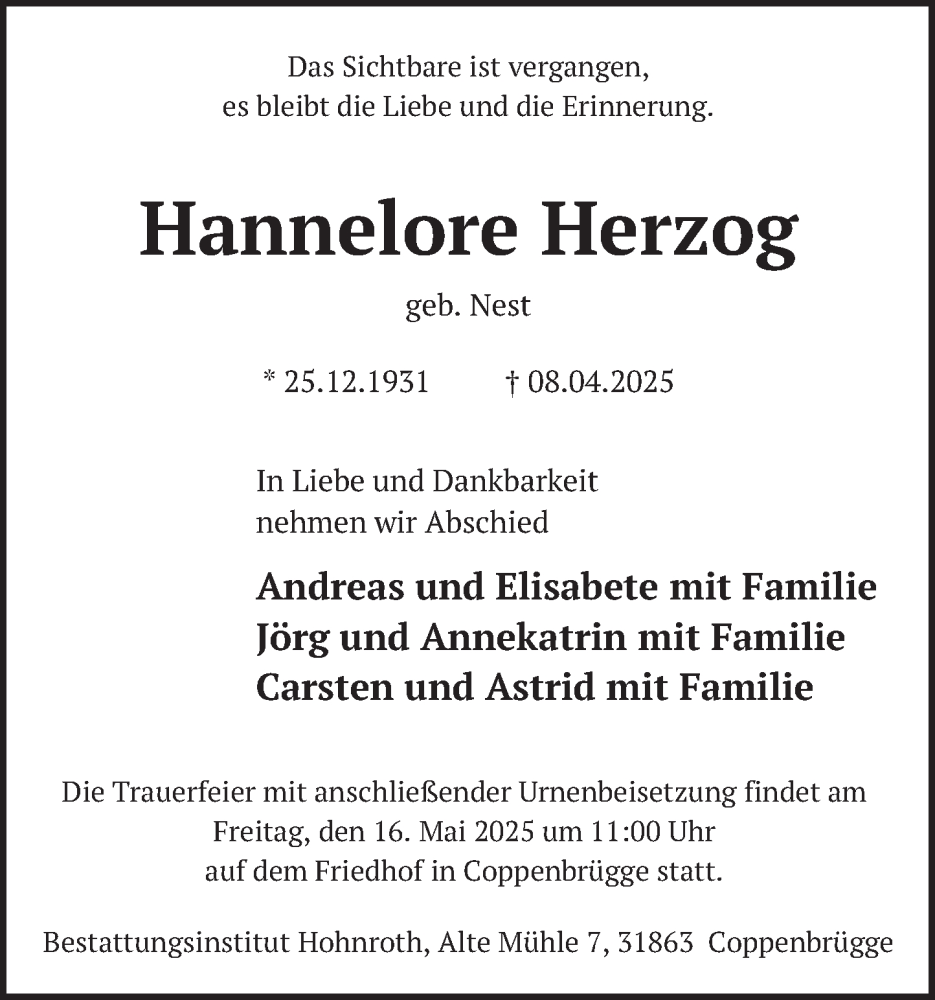  Traueranzeige für Hannelore Herzog vom 03.05.2025 aus Deister- und Weserzeitung