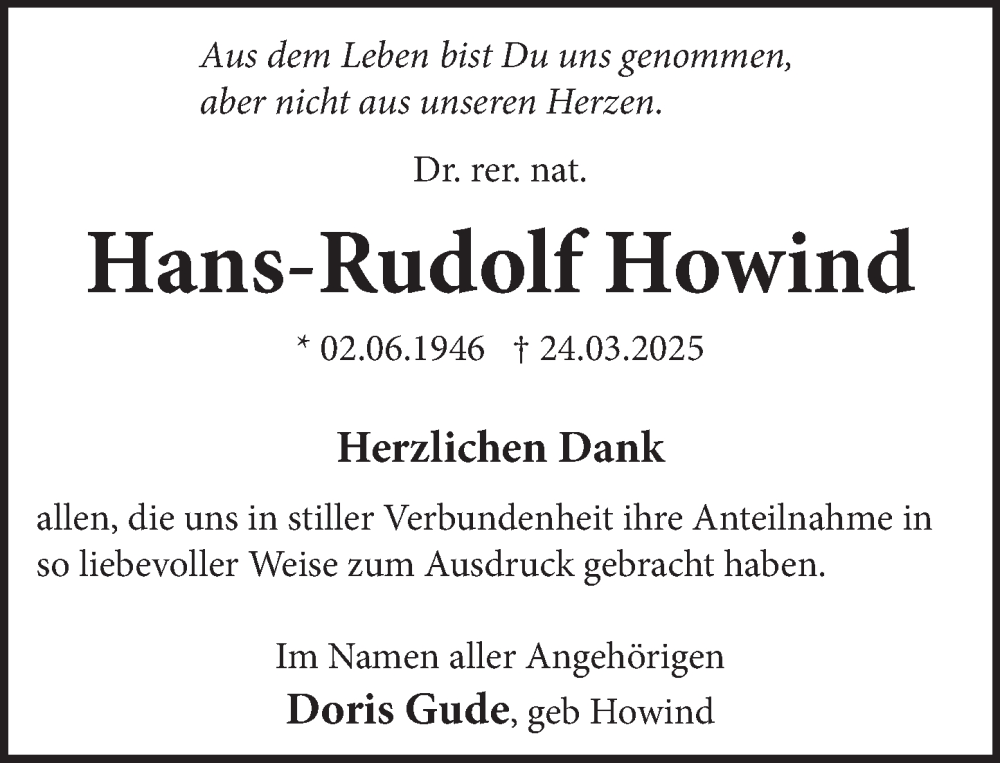  Traueranzeige für Hans-Rudolf Howind vom 19.04.2025 aus Neue Deister-Zeitung