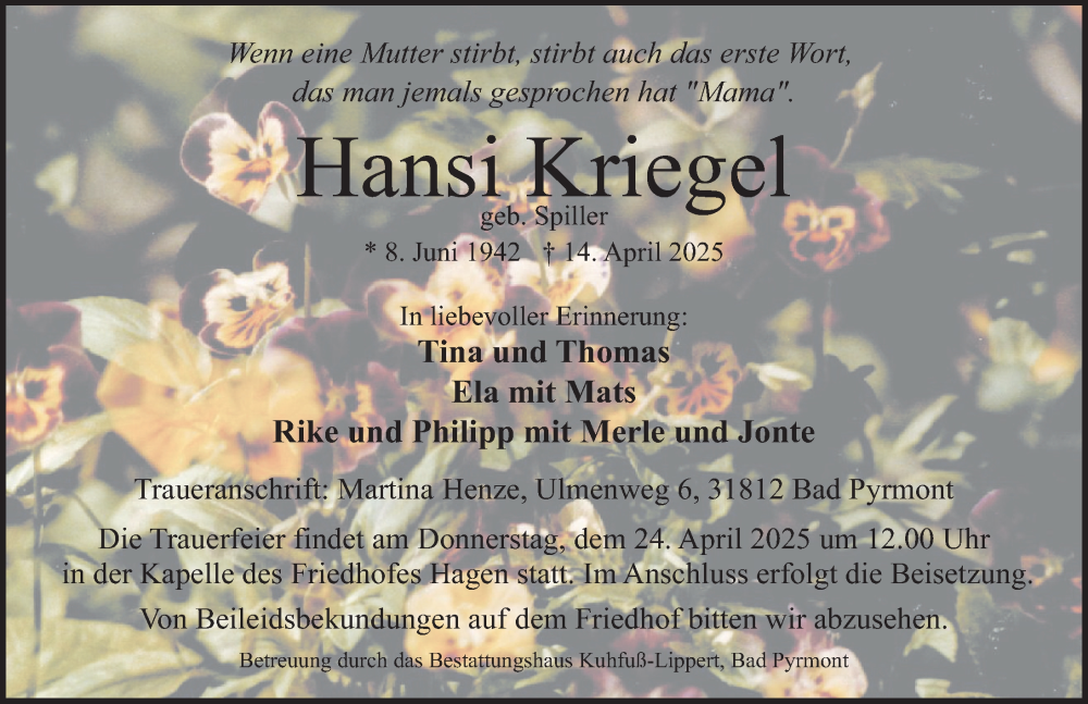  Traueranzeige für Hansi Kriegel vom 19.04.2025 aus Deister- und Weserzeitung