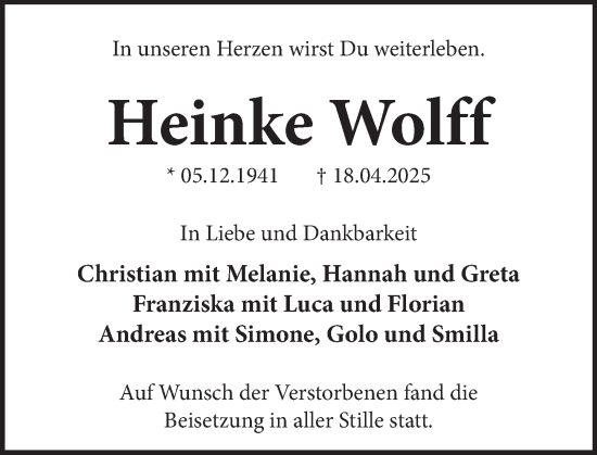 Traueranzeige von Heinke Wolff von Neue Deister-Zeitung