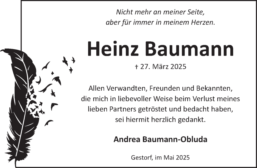  Traueranzeige für Heinz Baumann vom 03.05.2025 aus Neue Deister-Zeitung