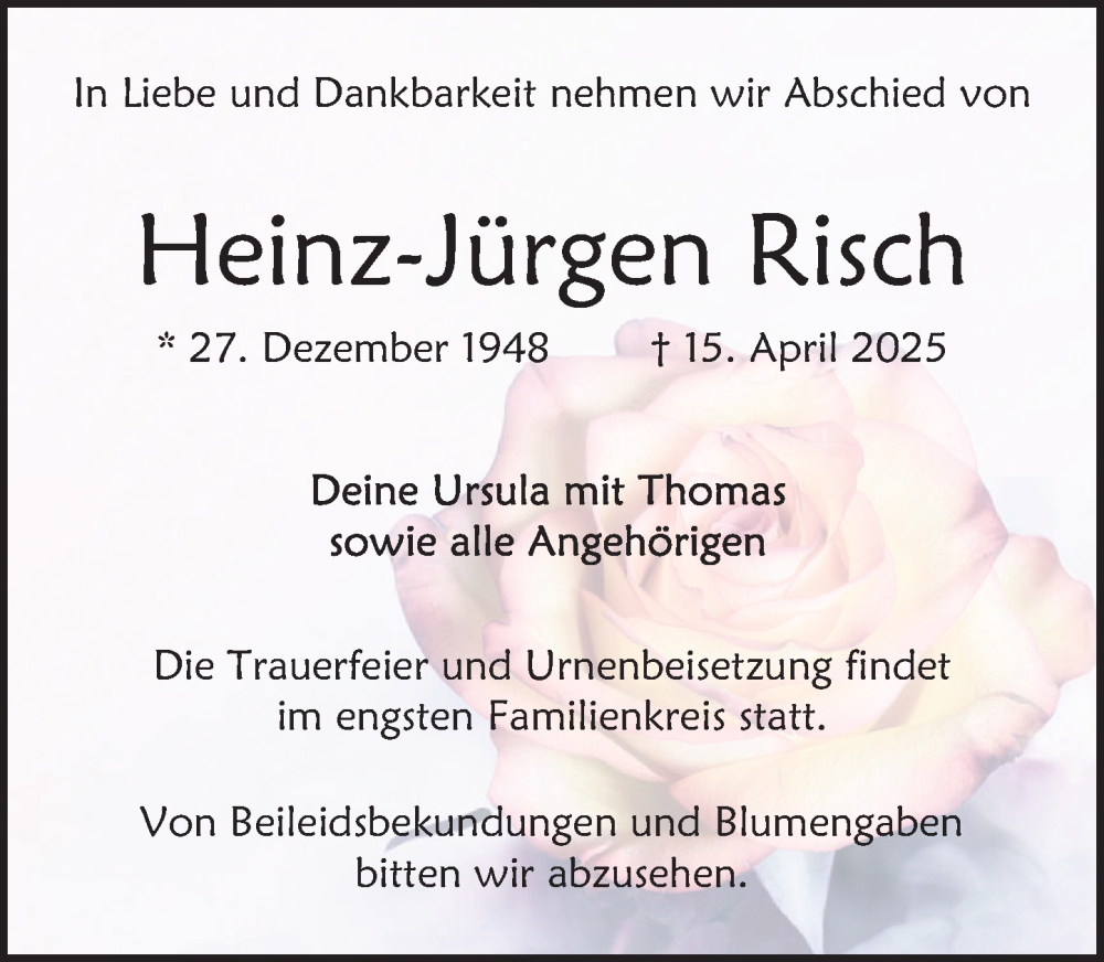  Traueranzeige für Heinz-Jürgen Risch vom 26.04.2025 aus Deister- und Weserzeitung