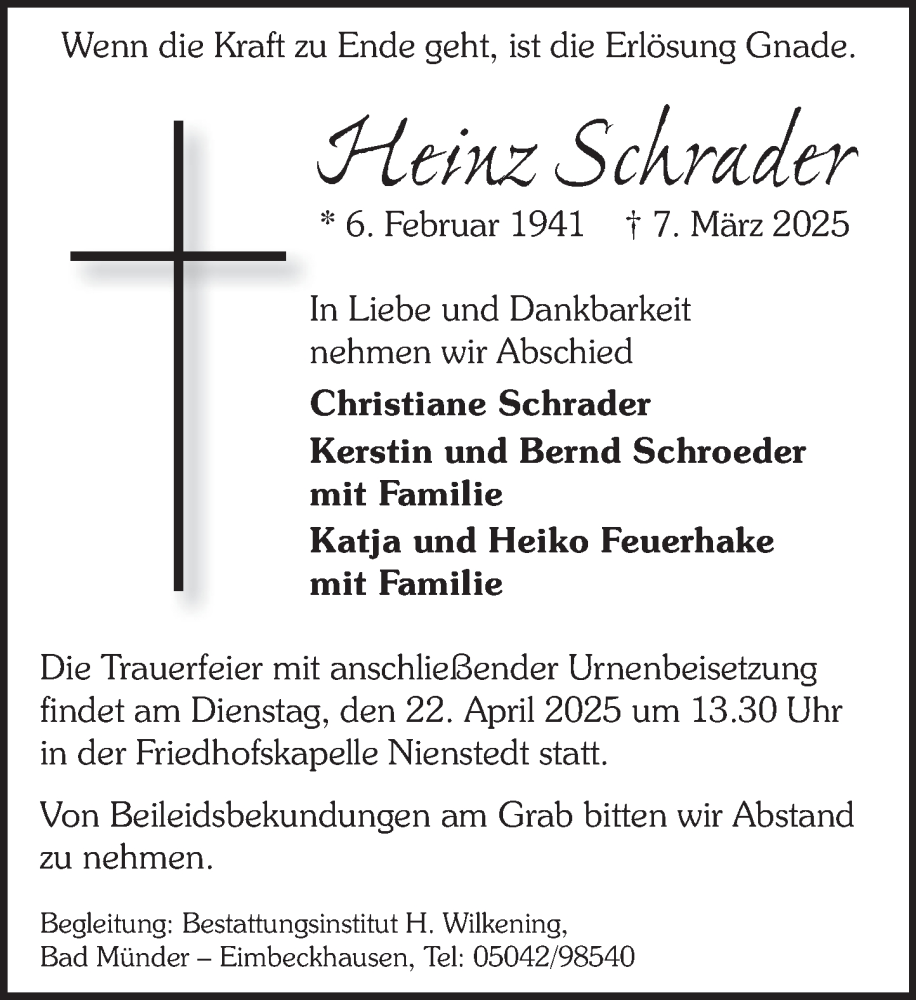  Traueranzeige für Heinz Schrader vom 19.04.2025 aus Neue Deister-Zeitung