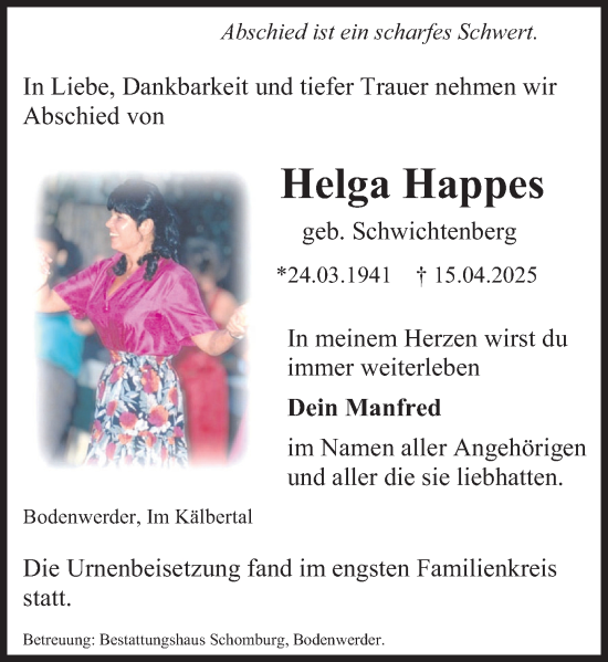 Traueranzeige von Helga Happes von Deister- und Weserzeitung