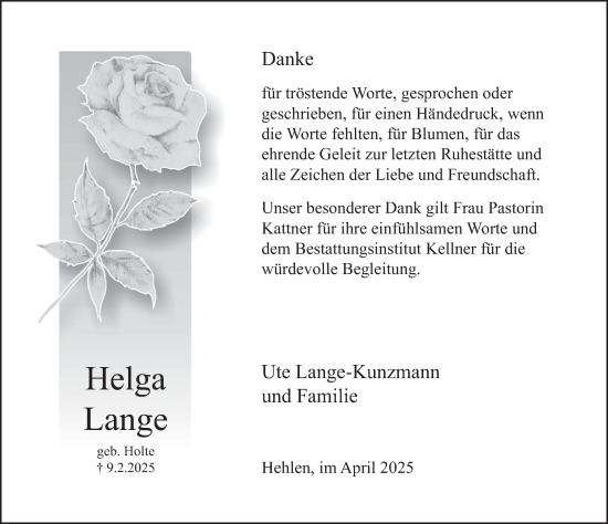 Traueranzeige von Helga Lange von Deister- und Weserzeitung