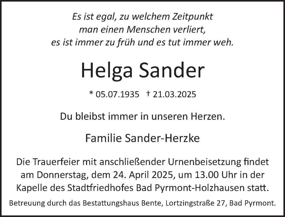  Traueranzeige für Helga Sander vom 19.04.2025 aus Deister- und Weserzeitung