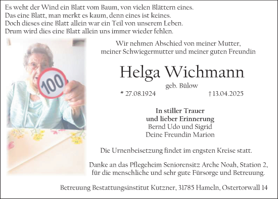 Traueranzeige von Helga Wichmann von Deister- und Weserzeitung
