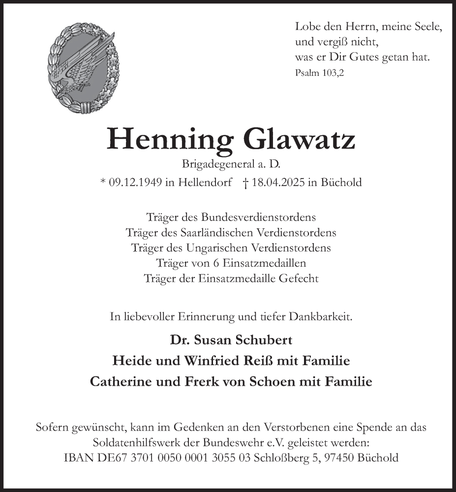  Traueranzeige für Henning Glawatz vom 23.04.2025 aus Deister- und Weserzeitung