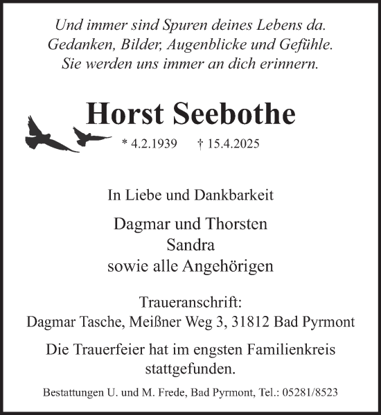 Traueranzeige von Horst Seebothe von Deister- und Weserzeitung