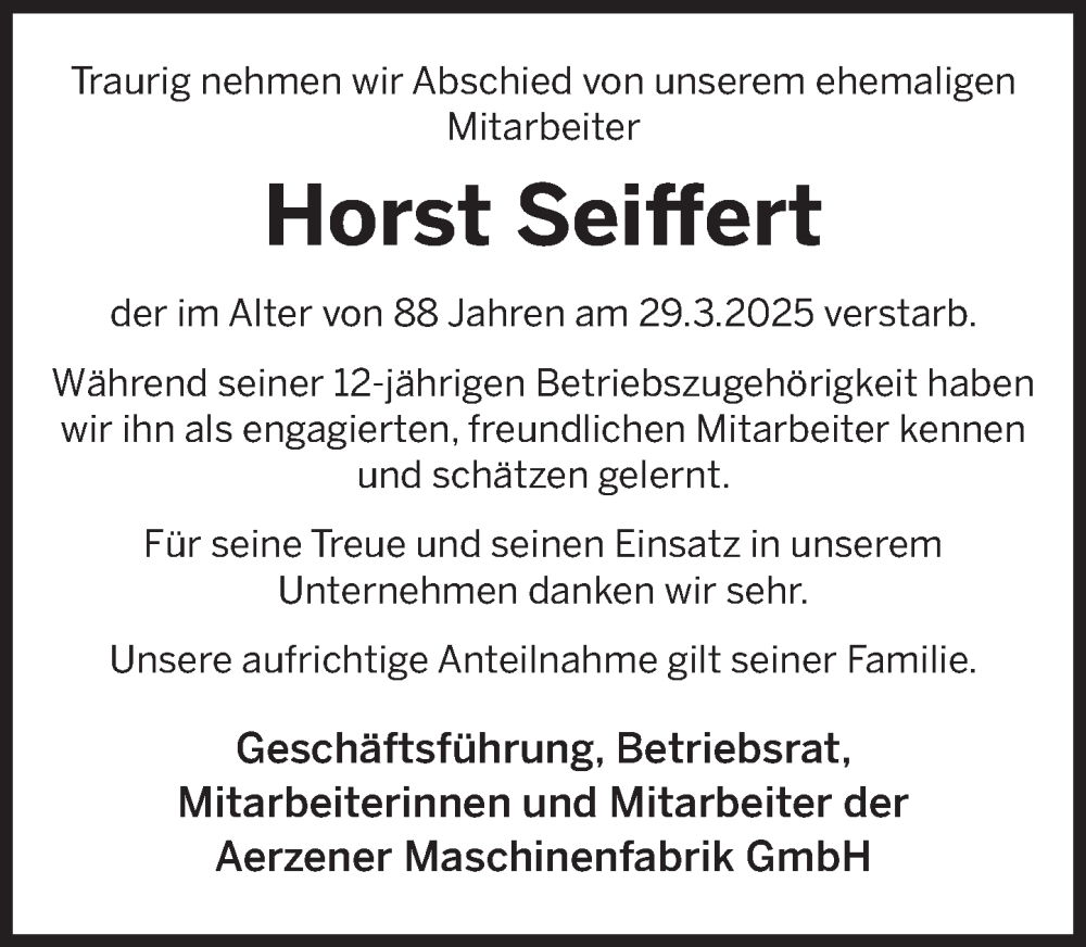  Traueranzeige für Horst Seiffert vom 10.04.2025 aus Deister- und Weserzeitung