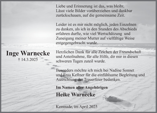 Traueranzeige von Inge Warnecke von Deister- und Weserzeitung