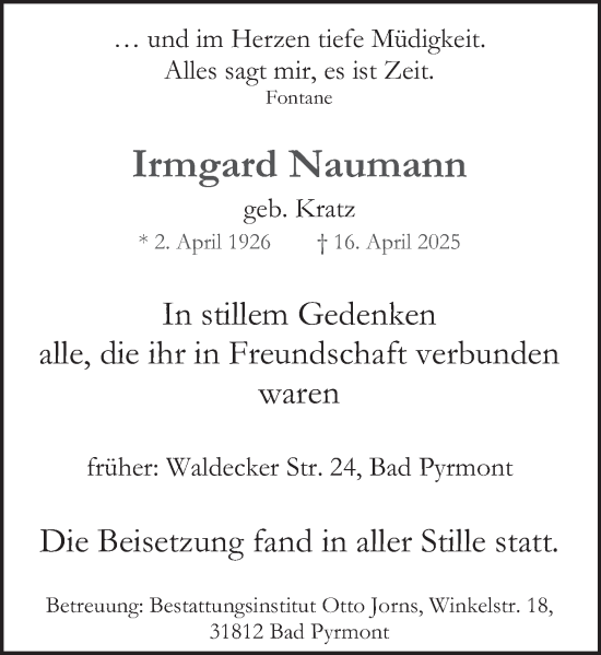 Traueranzeige von Irmgard Naumann von Deister- und Weserzeitung