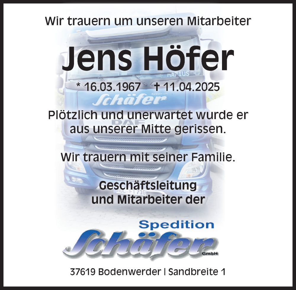  Traueranzeige für Jens Höfer vom 03.05.2025 aus Neue Deister-Zeitung