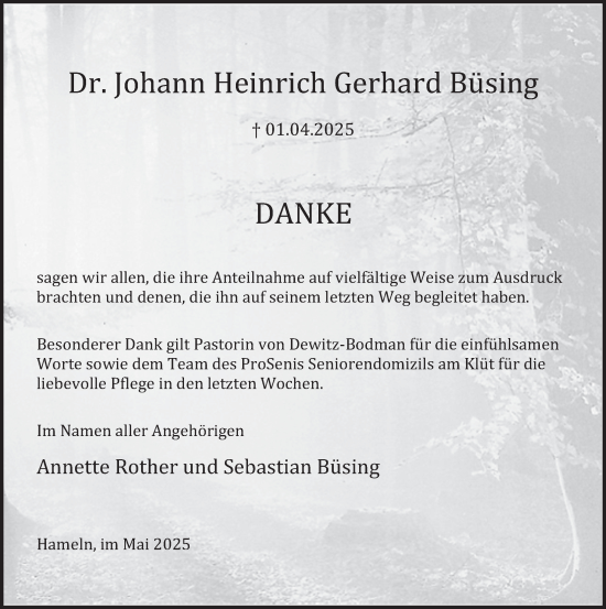 Traueranzeige von Johann Heinrich Gerhard Büsing von Deister- und Weserzeitung