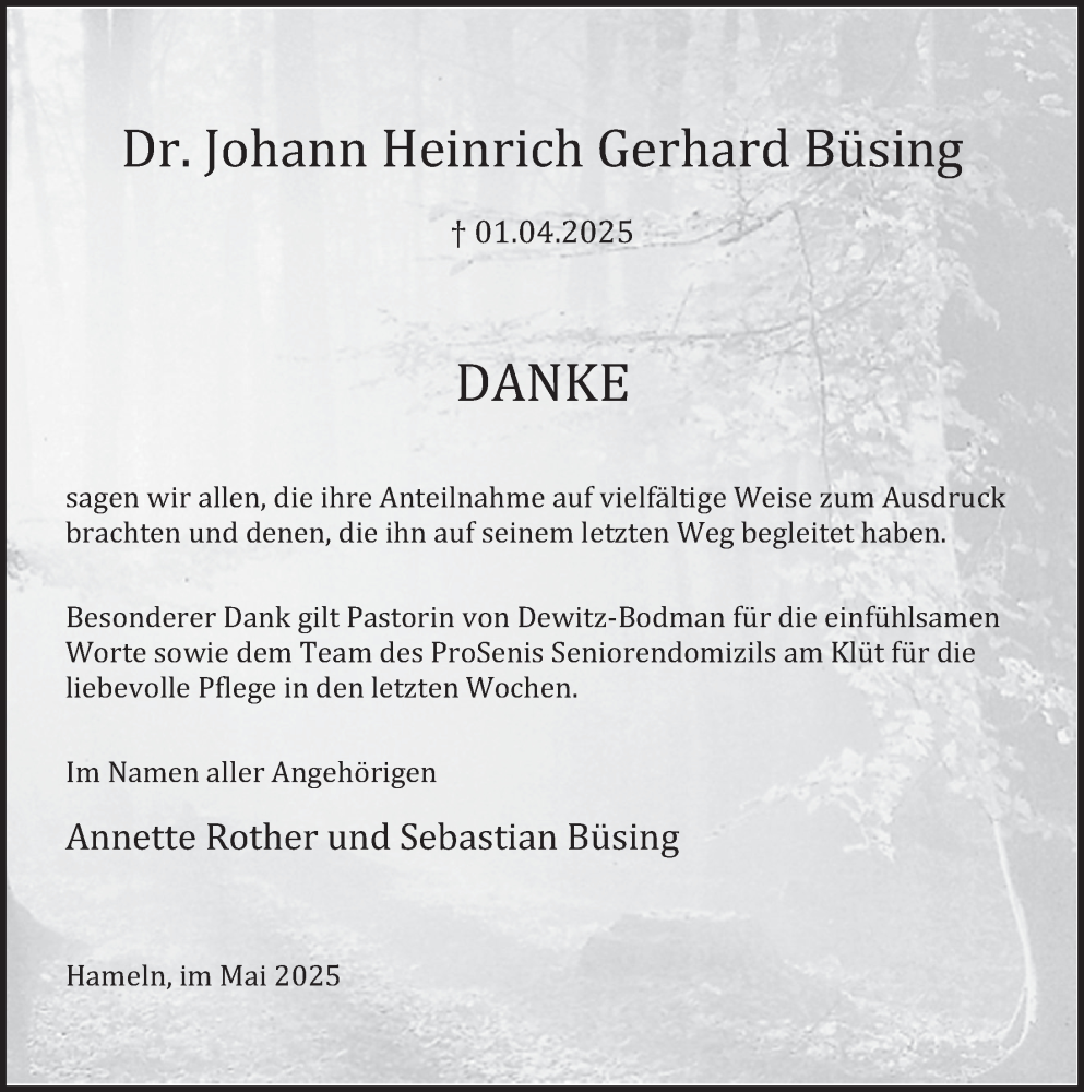  Traueranzeige für Johann Heinrich Gerhard Büsing vom 03.05.2025 aus Deister- und Weserzeitung