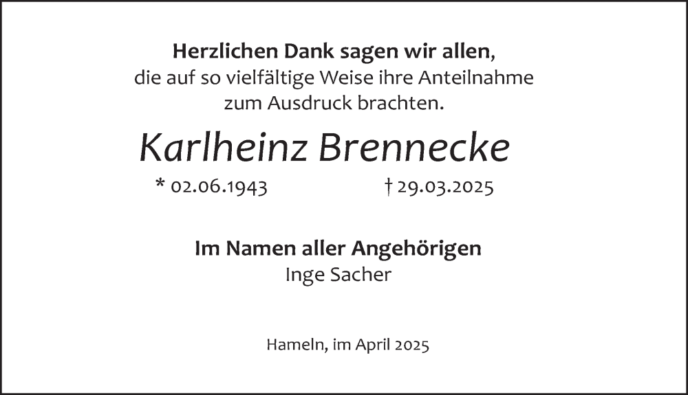  Traueranzeige für Karlheinz Brennecke vom 19.04.2025 aus Deister- und Weserzeitung