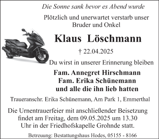Traueranzeige von Klaus Löschmann von Deister- und Weserzeitung