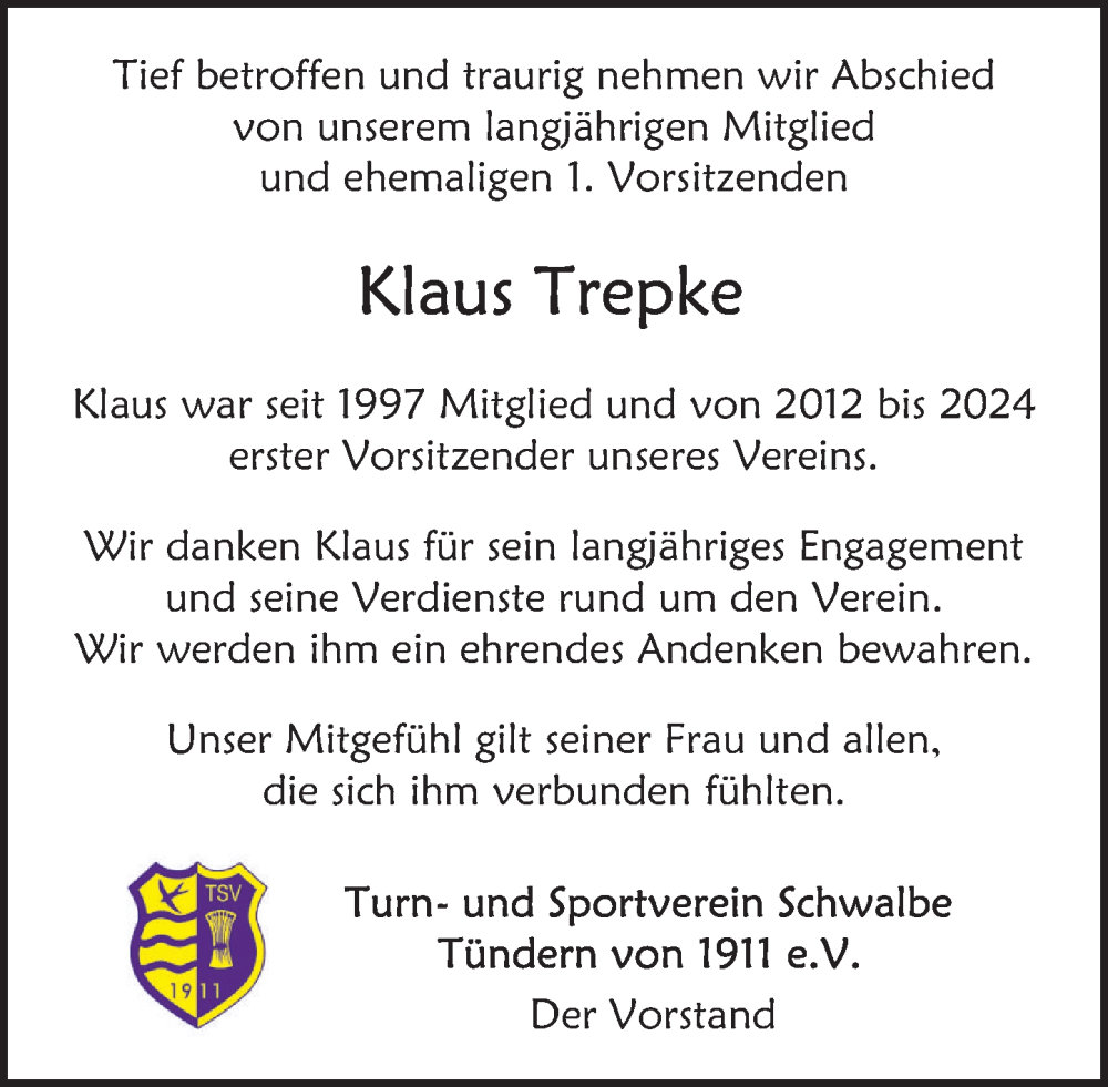  Traueranzeige für Klaus Trepke vom 12.04.2025 aus Deister- und Weserzeitung
