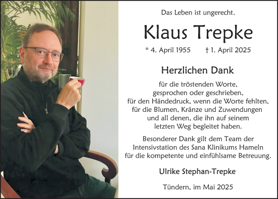 Traueranzeige von Klaus Trepke von Deister- und Weserzeitung