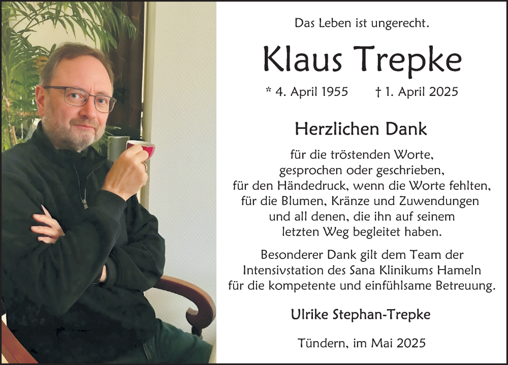  Traueranzeige für Klaus Trepke vom 03.05.2025 aus Deister- und Weserzeitung