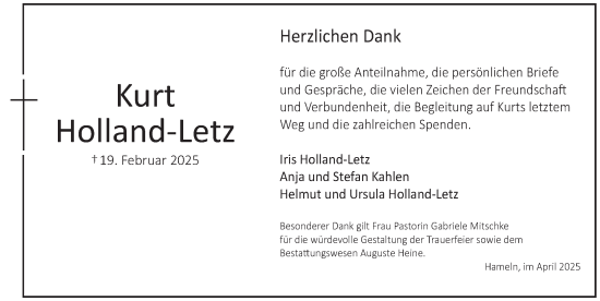 Traueranzeige von Kurt Holland-Letz von Deister- und Weserzeitung