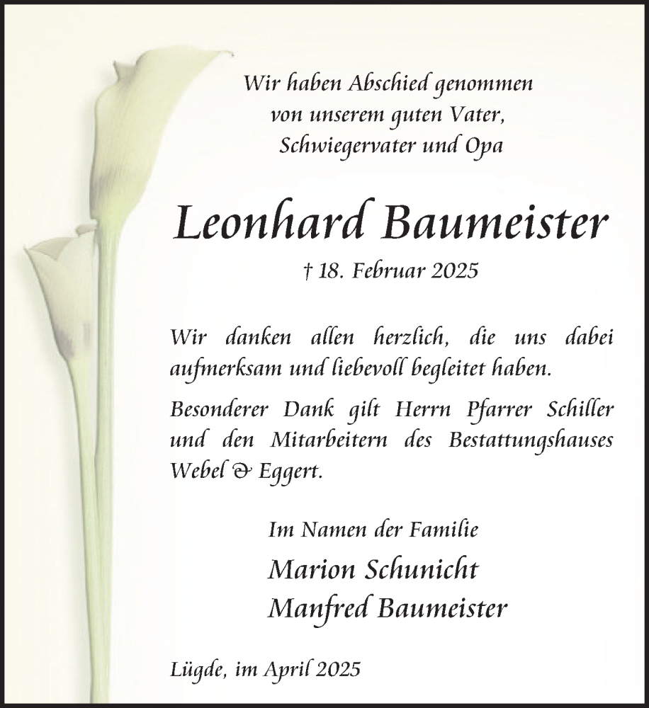  Traueranzeige für Leonhard Baumeister vom 19.04.2025 aus Deister- und Weserzeitung