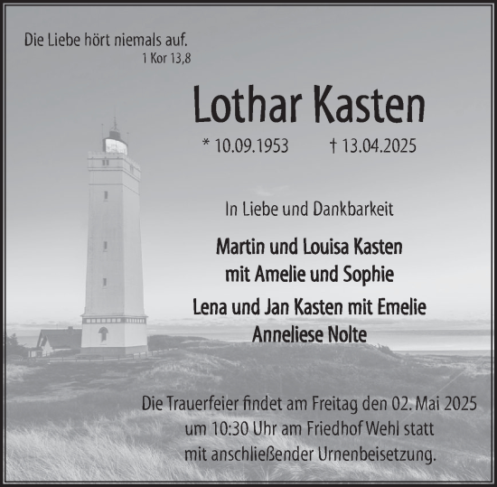Traueranzeige von Lothar Kasten von Deister- und Weserzeitung