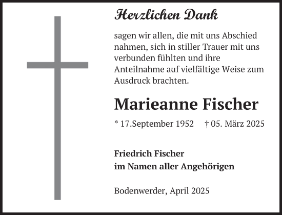 Traueranzeige von Marieanne Fischer von Deister- und Weserzeitung