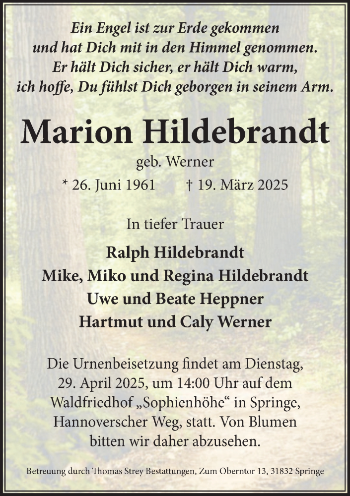  Traueranzeige für Marion Hildebrandt vom 26.04.2025 aus Neue Deister-Zeitung