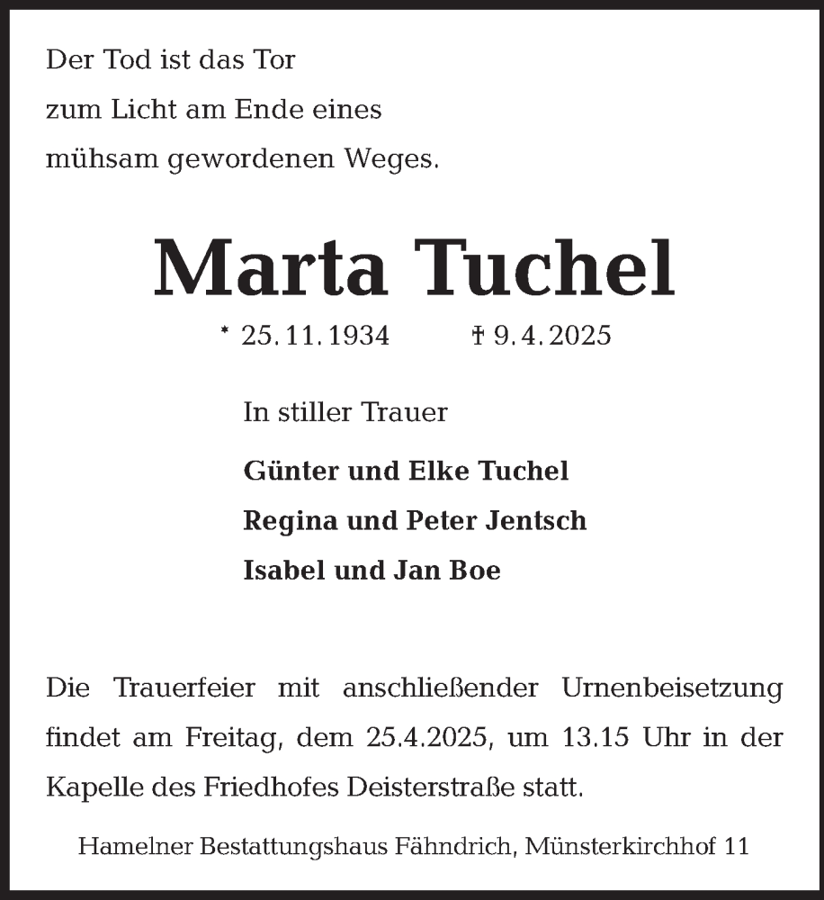  Traueranzeige für Marta Tuchel vom 19.04.2025 aus Deister- und Weserzeitung