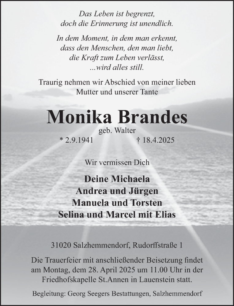  Traueranzeige für Monika Brandes vom 26.04.2025 aus Deister- und Weserzeitung