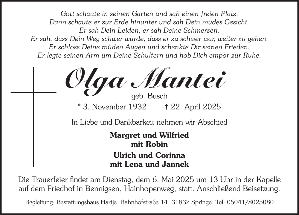  Traueranzeige für Olga Mantei vom 26.04.2025 aus Neue Deister-Zeitung