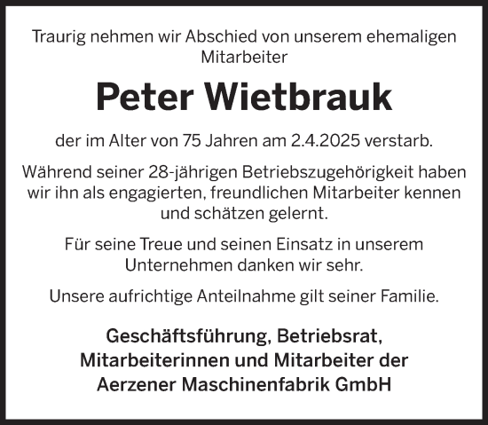 Traueranzeige von Peter Wietbrauk von Deister- und Weserzeitung