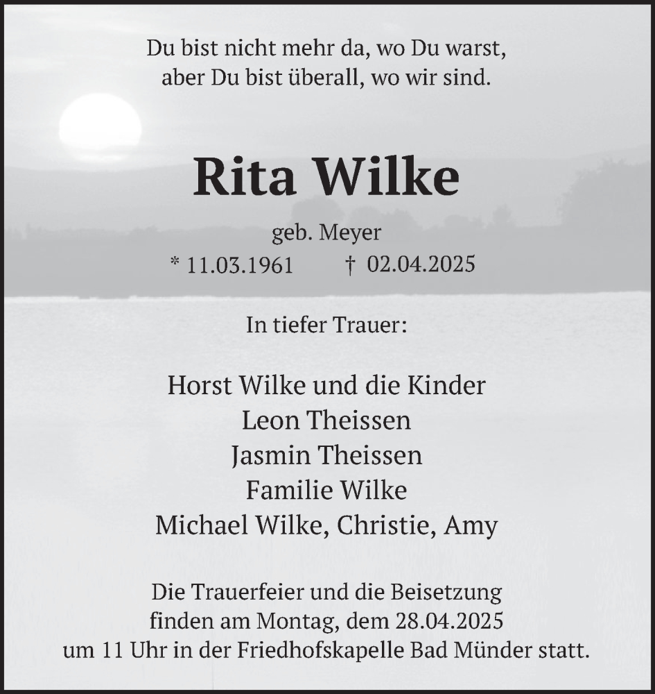  Traueranzeige für Rita Wilke vom 19.04.2025 aus Neue Deister-Zeitung